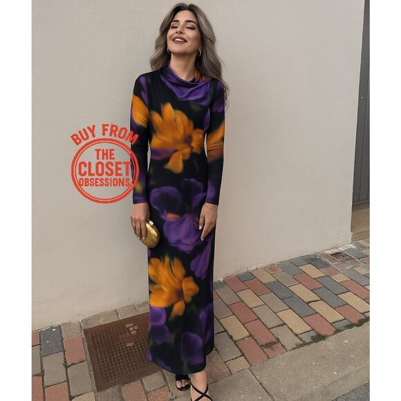 MANGO Fitted Floral Maxi Dress NWT | Multicolor High Neck Long Sleeve - Picture 2 of 16